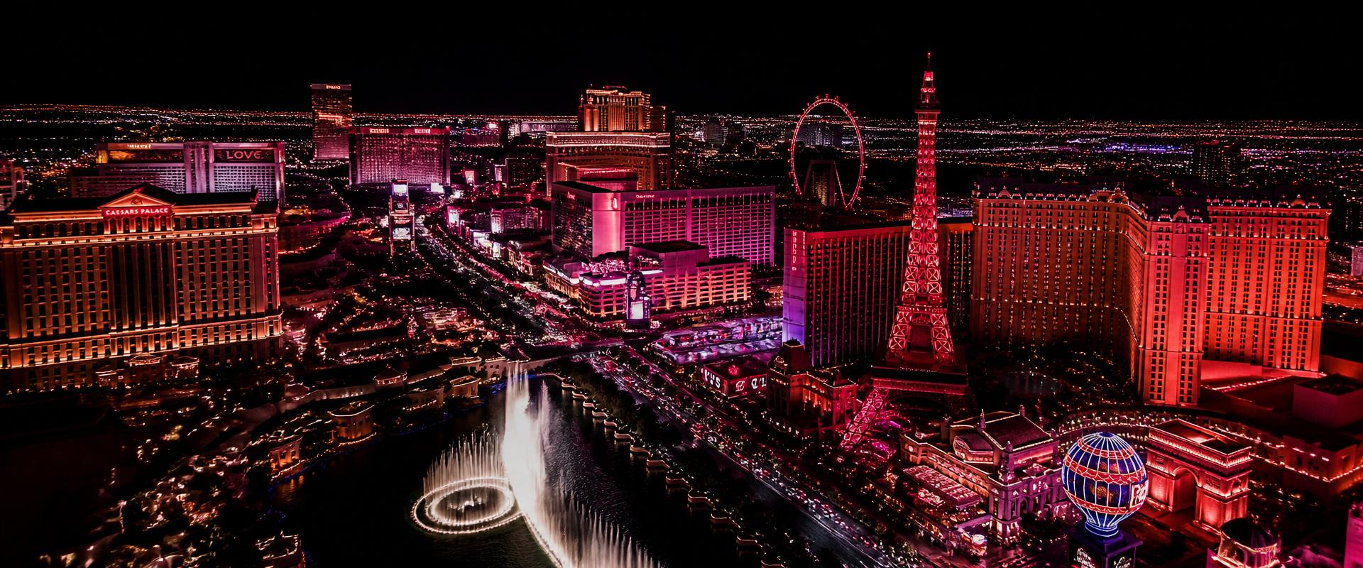 Aerial view of the Las Vegas strip at night with neon lights